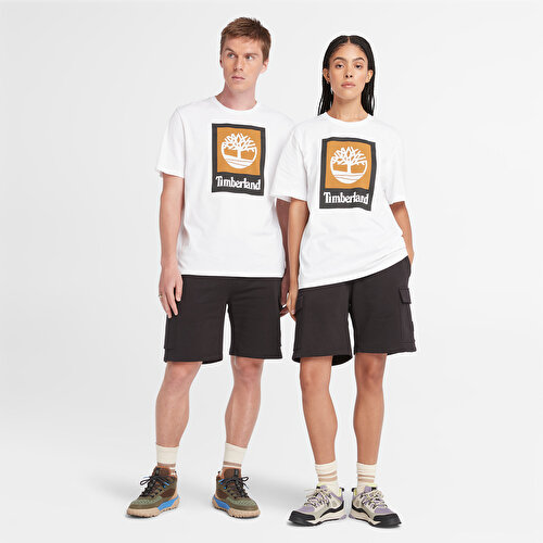 Unisex Dikey Yığma Logolu Beyaz Tişört