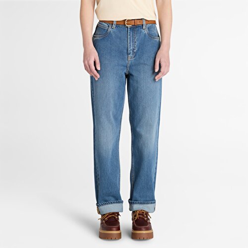 Kadın Mavi Düz Kesim Denim Pantolon