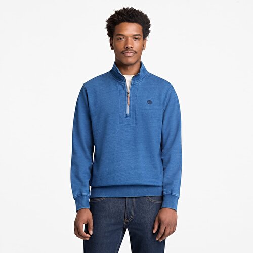 Erkek Indigo Mavi Çeyrek Fermuarlı Sweatshirt