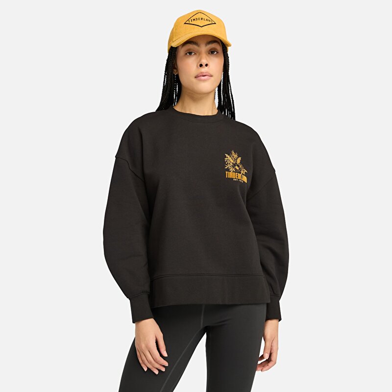 Kadın Brushed Chest Grafik Baskılı Bisiklet Yaka Siyah Sweatshirt