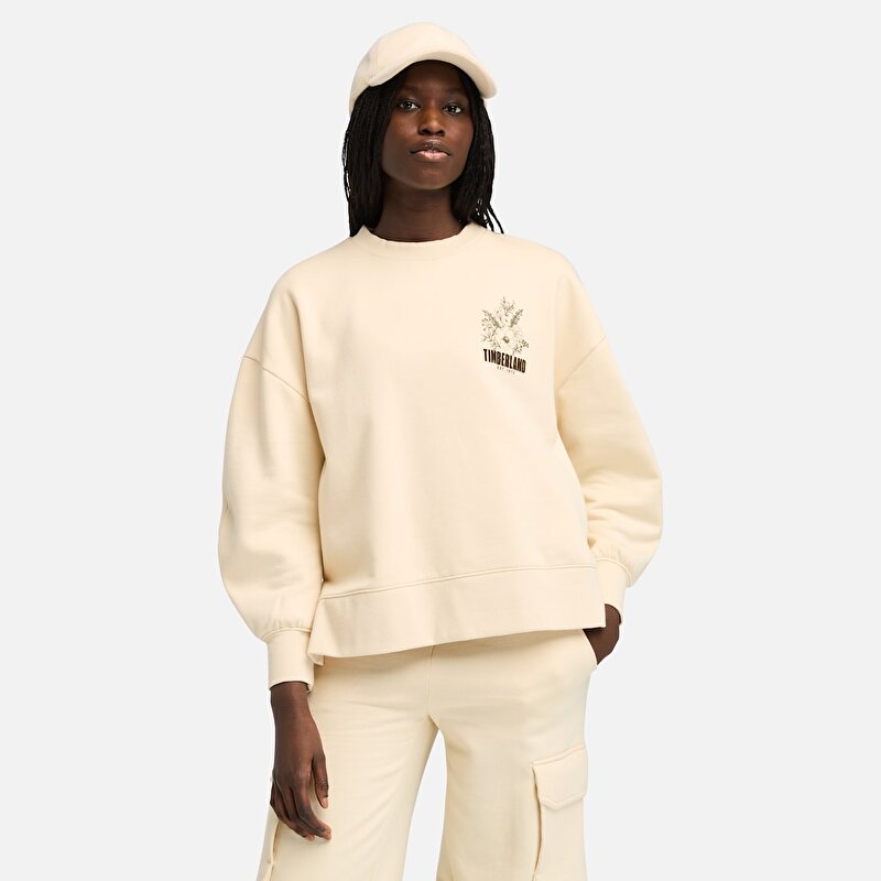 Kadın Fırçalanmış Baskılı Bisiklet Yaka Bej Sweatshirt