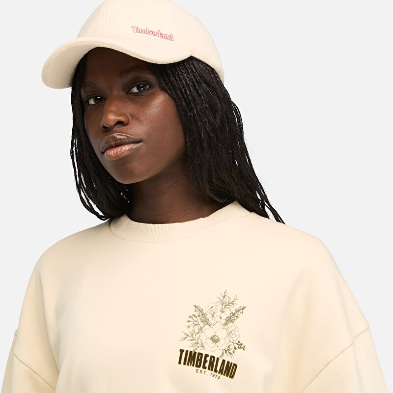 Kadın Fırçalanmış Baskılı Bisiklet Yaka Bej Sweatshirt
