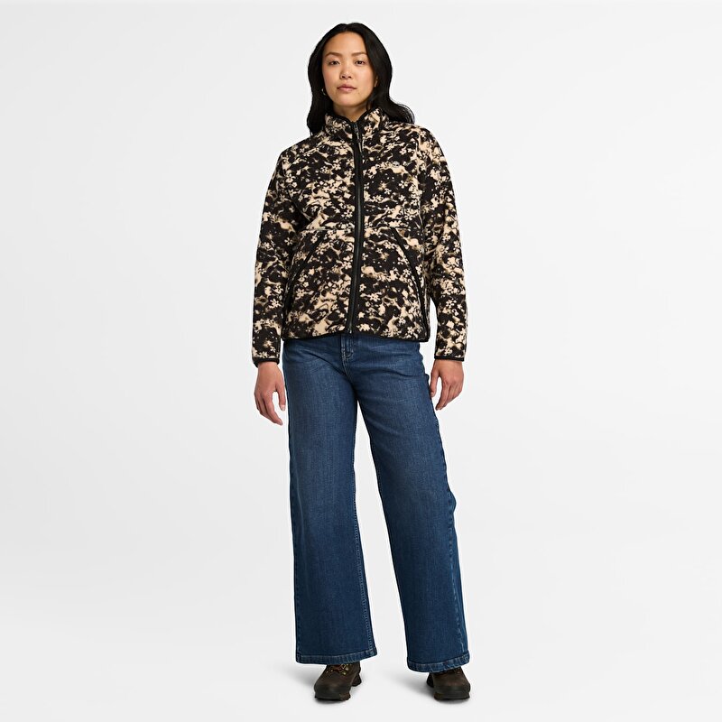 Kadın Çiçek Desenli Fermuarlı Siyah Sherpa Polar Mont