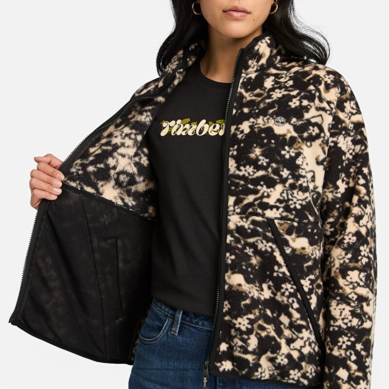 Kadın Çiçek Desenli Fermuarlı Siyah Sherpa Polar Mont