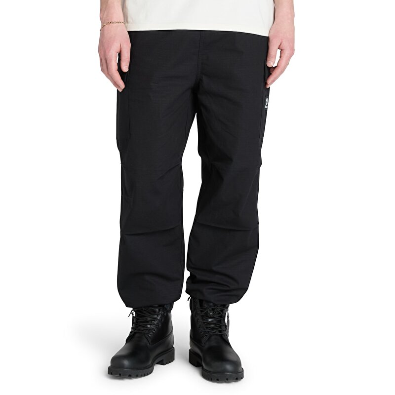 Erkek Siyah Woven Badge Ripstop Kargo Pantolon