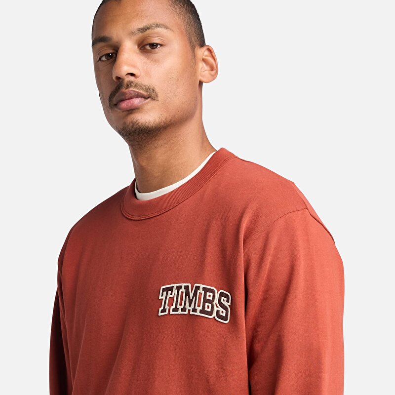 Erkek Kırmızı TIMBS Baskılı Bisiklet Yaka Sweatshirt