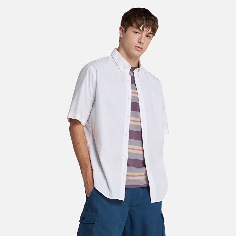 Erkek Beyaz Kısa Kollu Stretch Poplin Gömlek