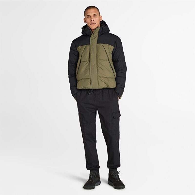 Erkek Siyah/Koyu Yeşil Dayanıklı Su İtici Şişme Mont