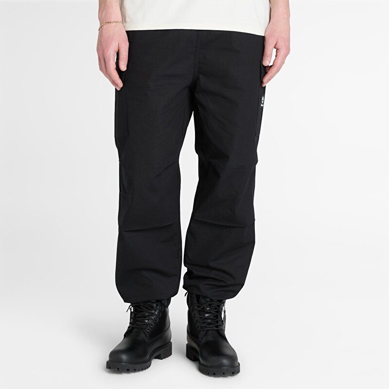 Erkek Siyah Woven Badge Ripstop Kargo Pantolon