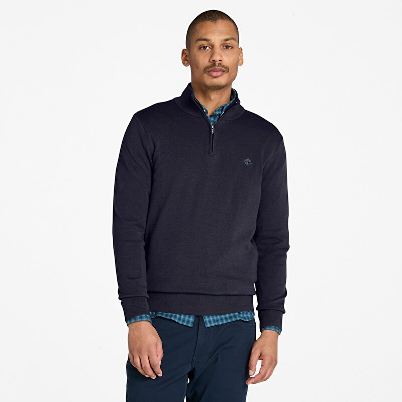 Erkek Koyu Mavi Williams River İpliği Boyalı Çeyrek Fermuarlı Kazak