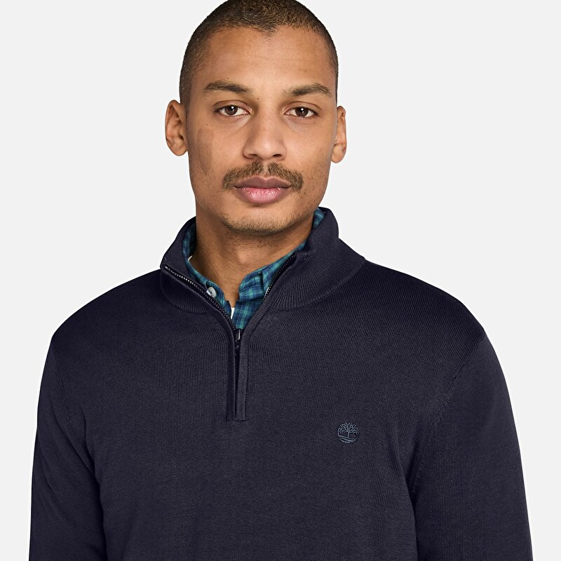 Erkek Koyu Mavi Williams River İpliği Boyalı Çeyrek Fermuarlı Kazak