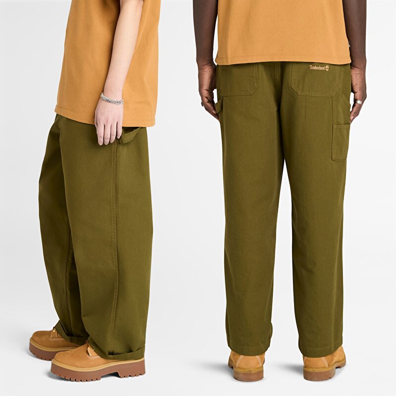 Unisex Koyu Yeşil Yıkanmış Duck Kanvas Carpenter Pantolon