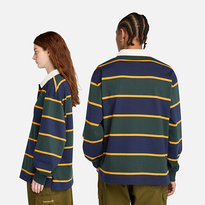 Unisex Koyu Mavi/Koyu Yeşil Rugby Polo Yaka Tişört