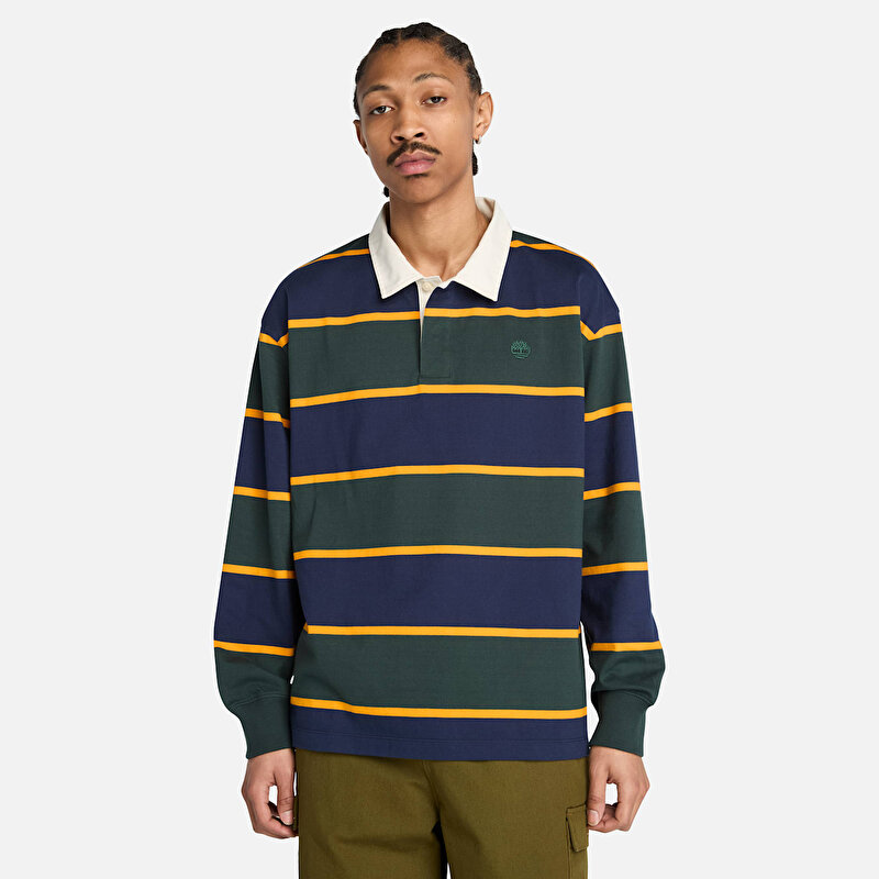 Unisex Koyu Mavi/Koyu Yeşil Rugby Polo Yaka Tişört