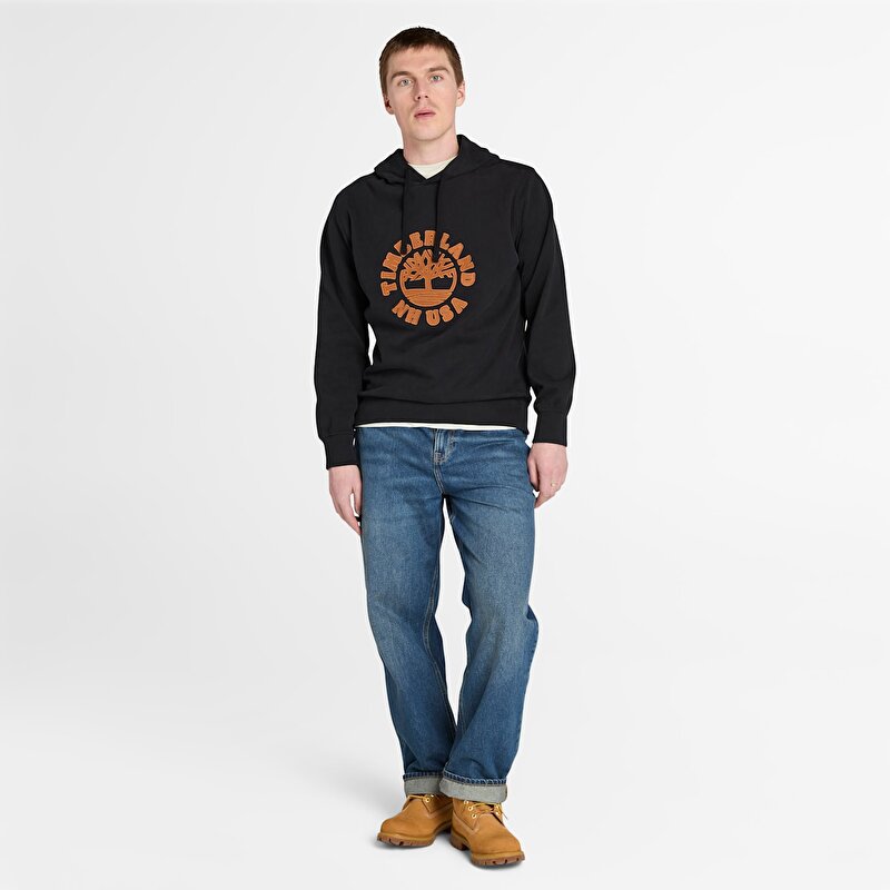 Erkek Siyah Yılbaşı Grafik Baskılı Kapüşonlu