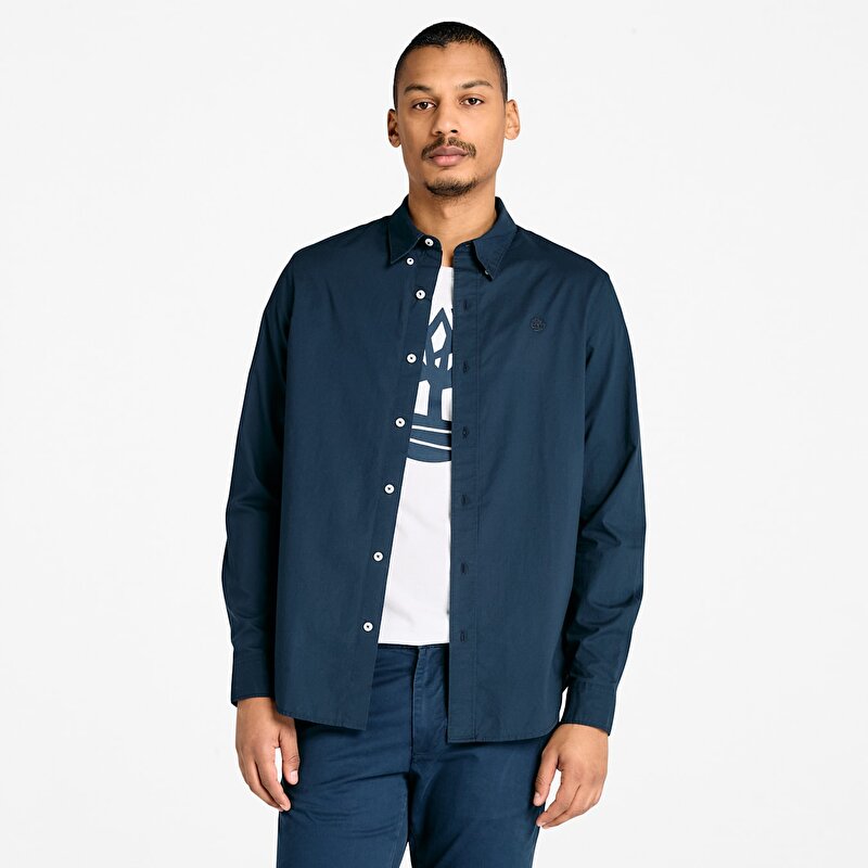 Erkek Koyu Mavi Uzun Kollu Stretch Poplin Gömlek