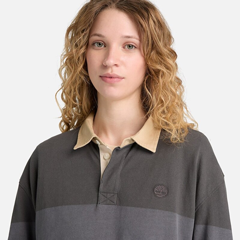 Unisex Uzun Kollu Çizgili Rugby Siyah Polo Tişört