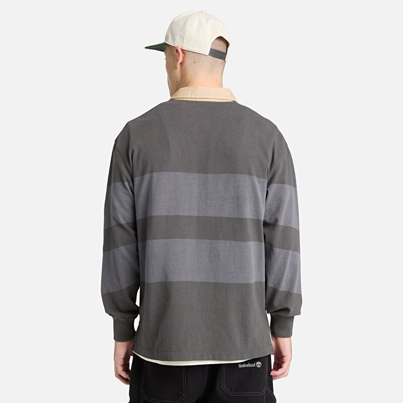 Unisex Uzun Kollu Çizgili Rugby Siyah Polo Tişört