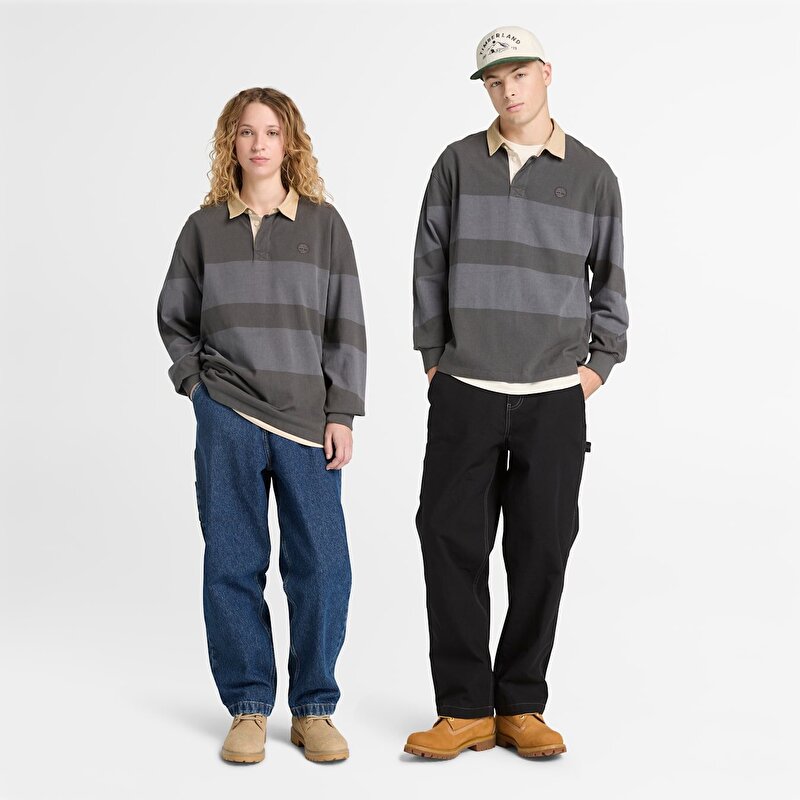 Unisex Uzun Kollu Çizgili Rugby Siyah Polo Tişört