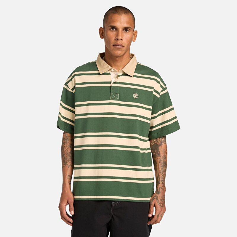 Unisex Çizgili Kısa Kollu Rugby Koyu Yeşil/Bej Polo Tişört