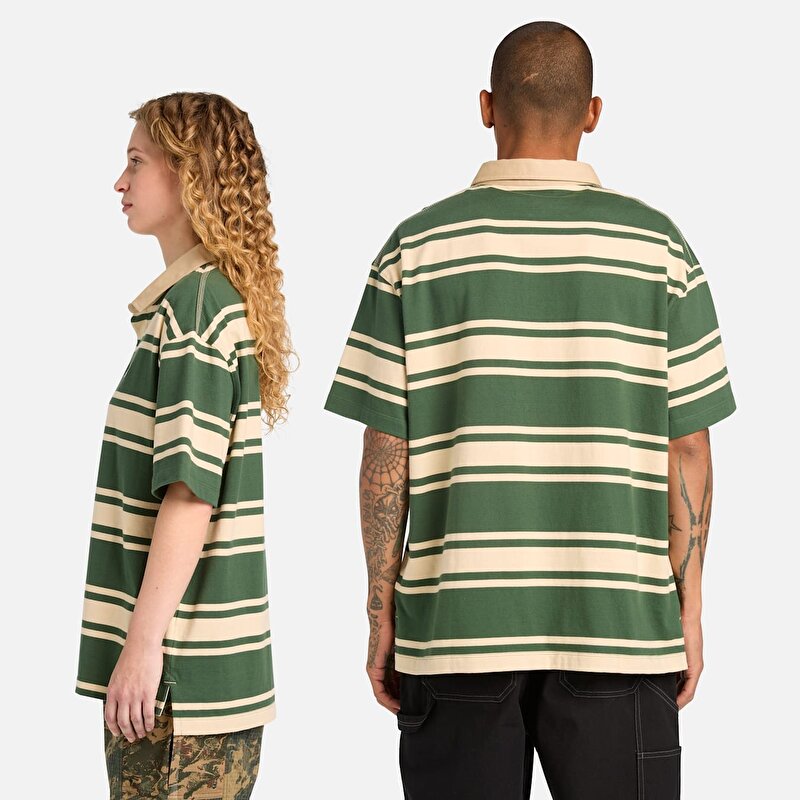 Unisex Çizgili Kısa Kollu Rugby Koyu Yeşil/Bej Polo Tişört