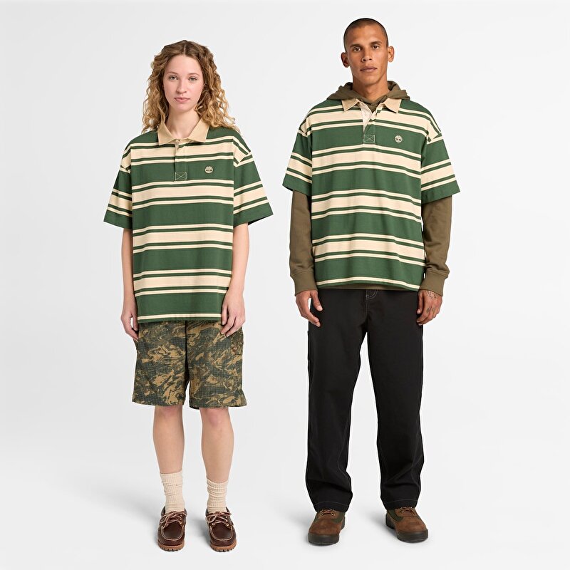 Unisex Çizgili Kısa Kollu Rugby Koyu Yeşil/Bej Polo Tişört