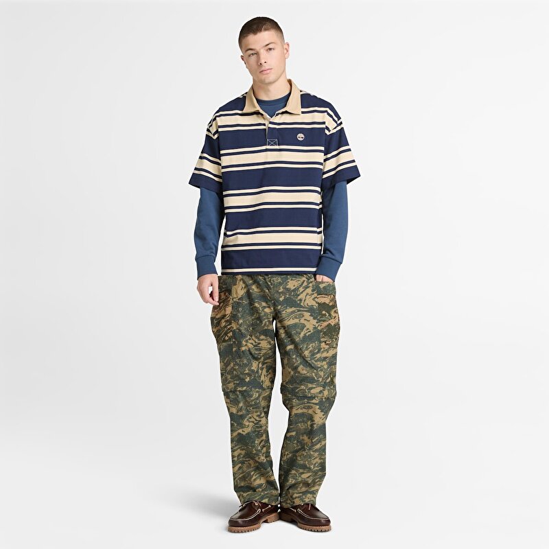 Unisex Çizgili Kısa Kollu Rugby Koyu Mavi/Bej Polo Tişört