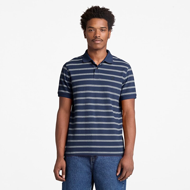 Erkek Millers River Çizgili Kısa Kollu Koyu Mavi/Beyaz Polo Tişört