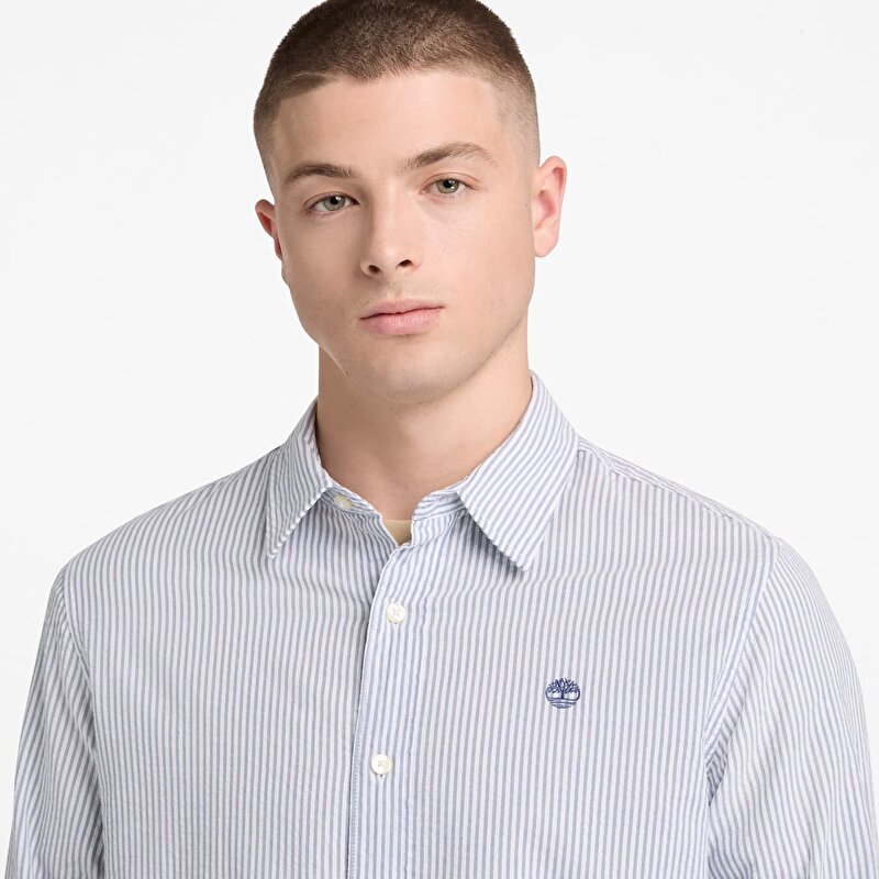 Erkek Mavi Uzun Kollu Çizgili Gofre Gömlek