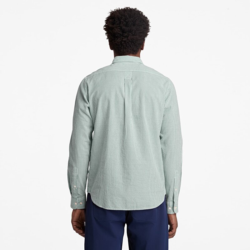 Erkek Koyu Yeşil Uzun Kollu Çizgili Gofre Gömlek
