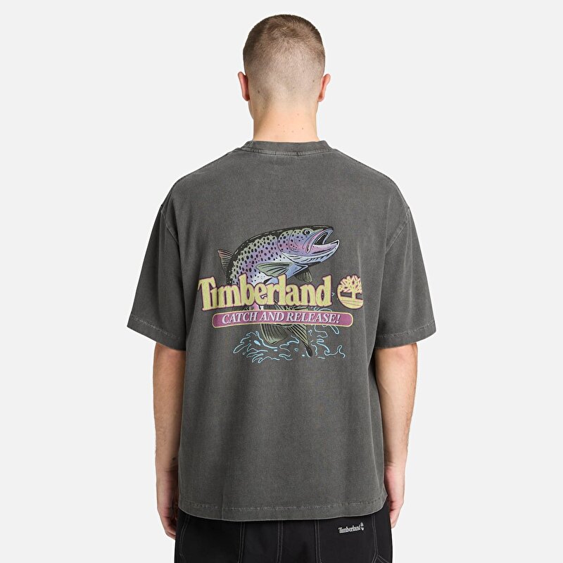 Unisex "Fly Fishing" Grafik Baskılı Siyah Tişört