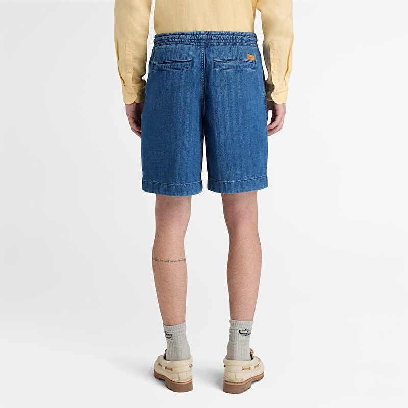 Erkek Mavi Herringbone Denim Şort