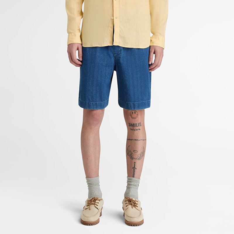 Erkek Mavi Herringbone Denim Şort