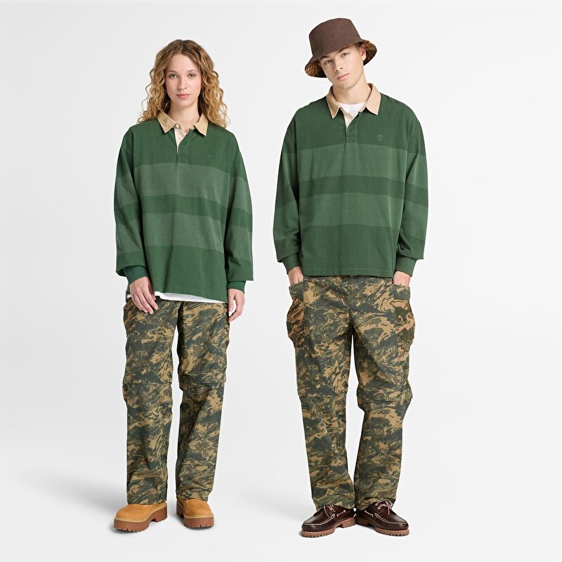 Unisex Uzun Kollu Çizgili Rugby Koyu Yeşil Polo Tişört