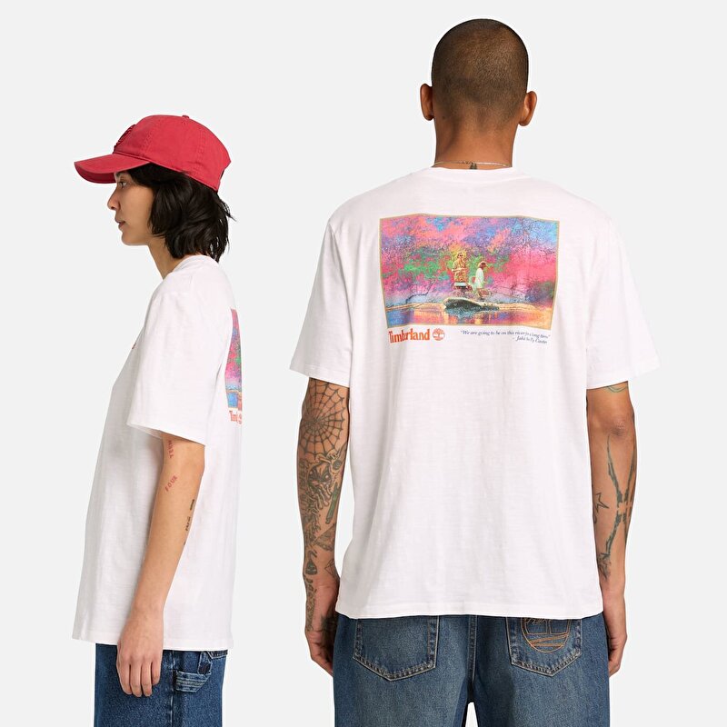Unisex Beyaz "Fishing Photo" Grafik Baskılı Tişört