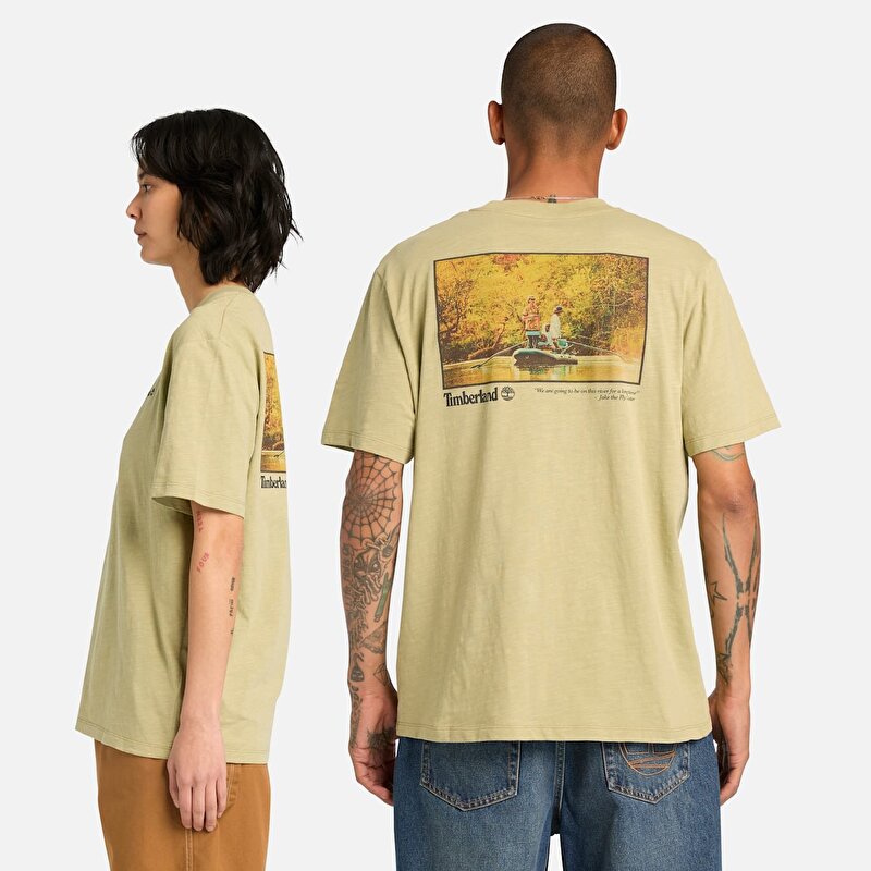 Unisex Yeşil "Fishing Photo" Grafik Baskılı Tişört