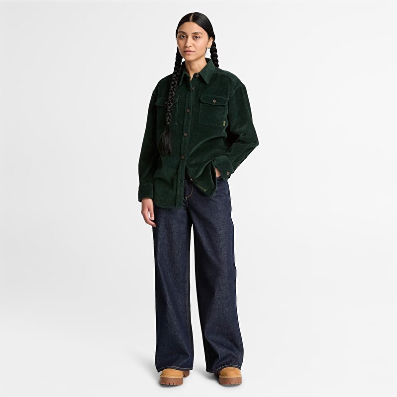 Kadın Koyu Yeşil Fitilli Kadife Overshirt