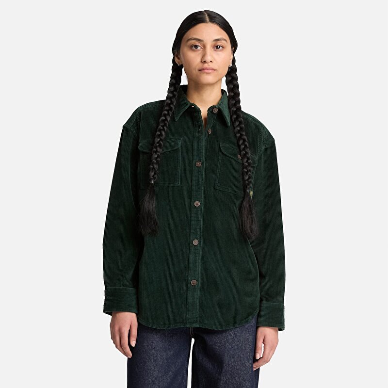 Kadın Koyu Yeşil Fitilli Kadife Overshirt