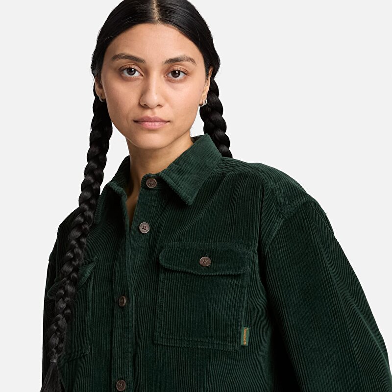 Kadın Koyu Yeşil Fitilli Kadife Overshirt