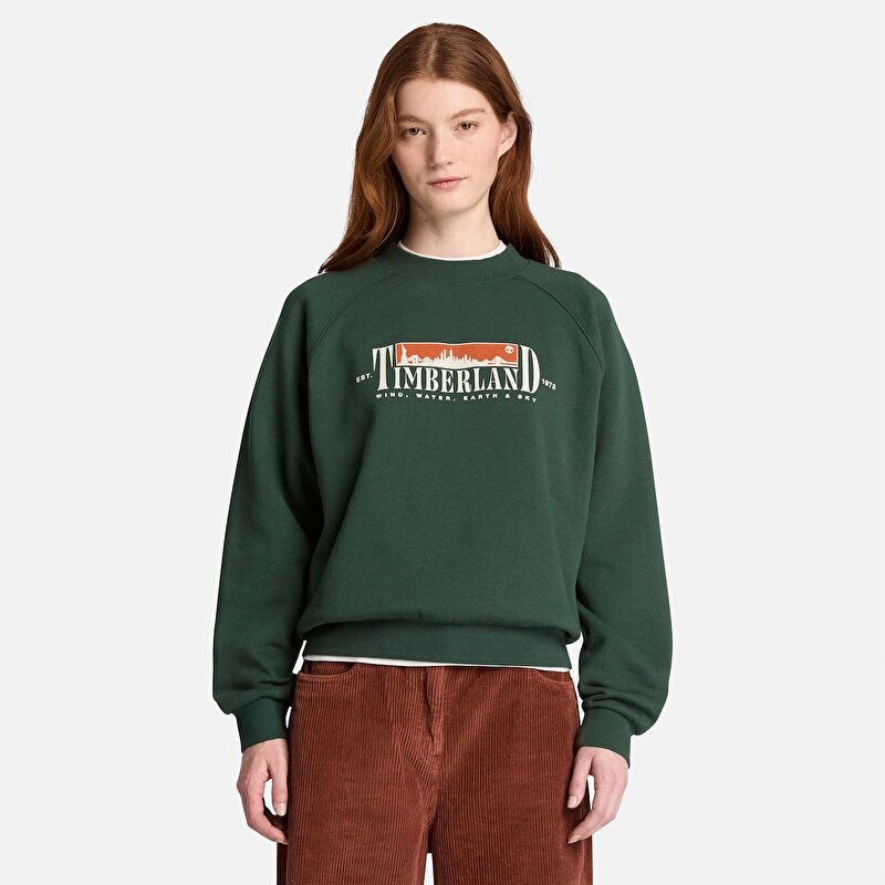 Kadın Koyu Yeşil Grafik Baskılı Şardonlu Bisiklet Yaka Sweatshirt