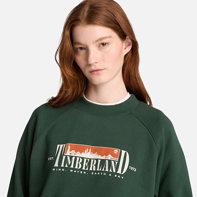Kadın Koyu Yeşil Grafik Baskılı Şardonlu Bisiklet Yaka Sweatshirt