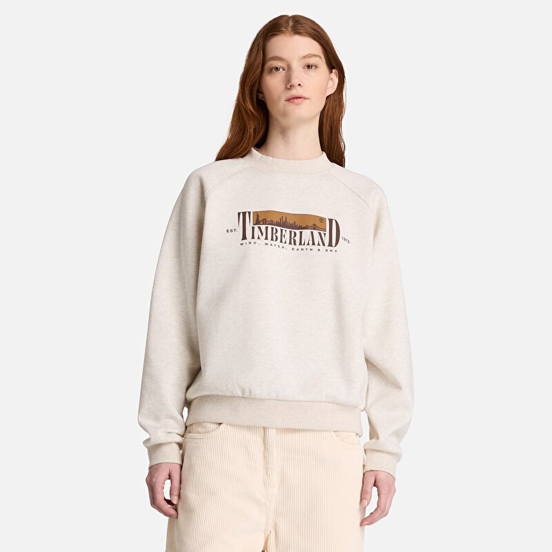 Kadın Açık Bej Grafik Baskılı Şardonlu Bisiklet Yaka Sweatshirt