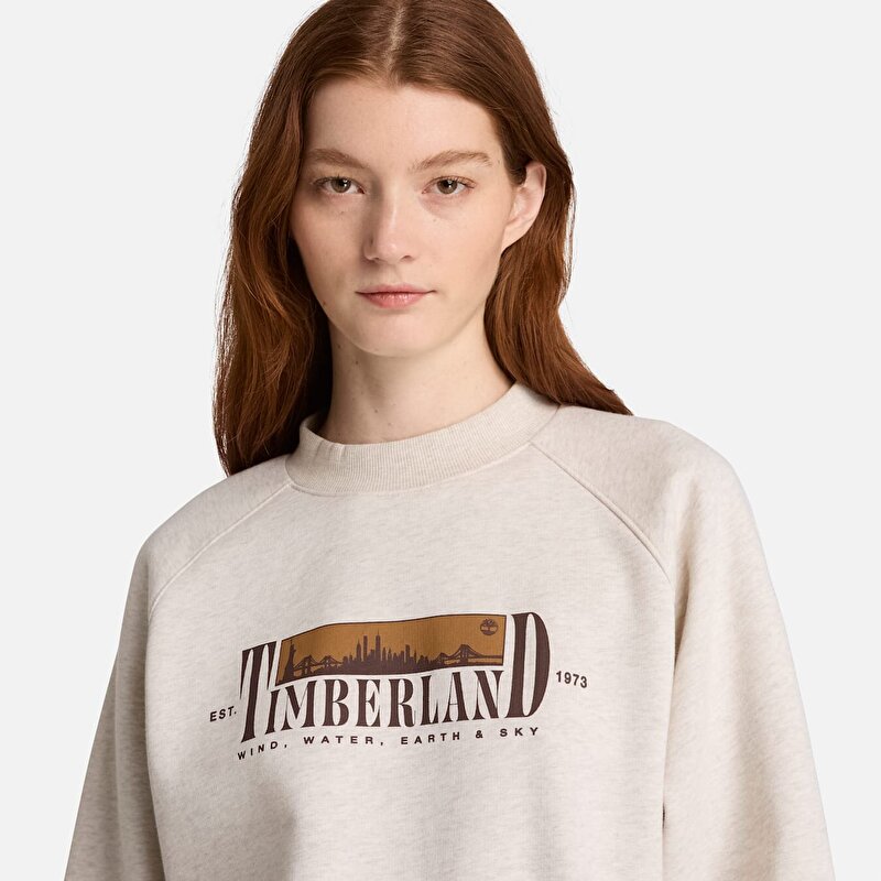 Kadın Açık Bej Grafik Baskılı Şardonlu Bisiklet Yaka Sweatshirt