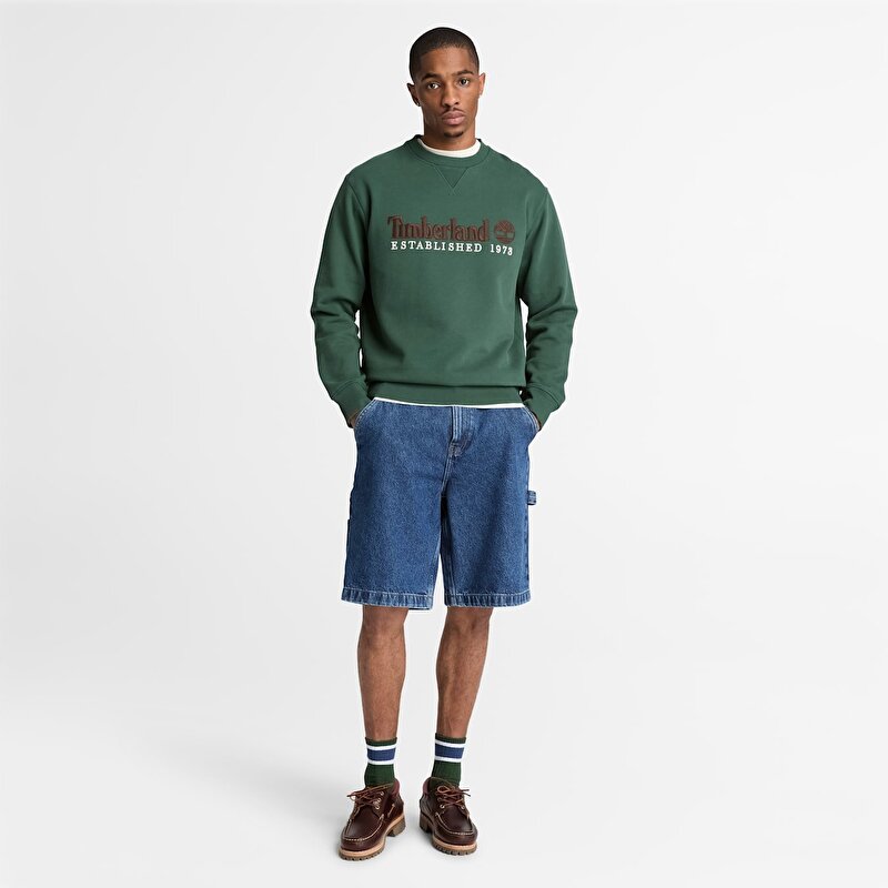 Erkek Koyu Yeşil Established 1973 Logo İşlemeli Bisiklet Yaka Sweatshirt
