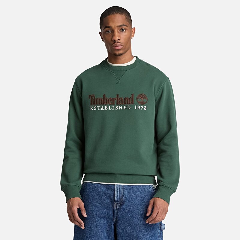 Erkek Koyu Yeşil Established 1973 Logo İşlemeli Bisiklet Yaka Sweatshirt