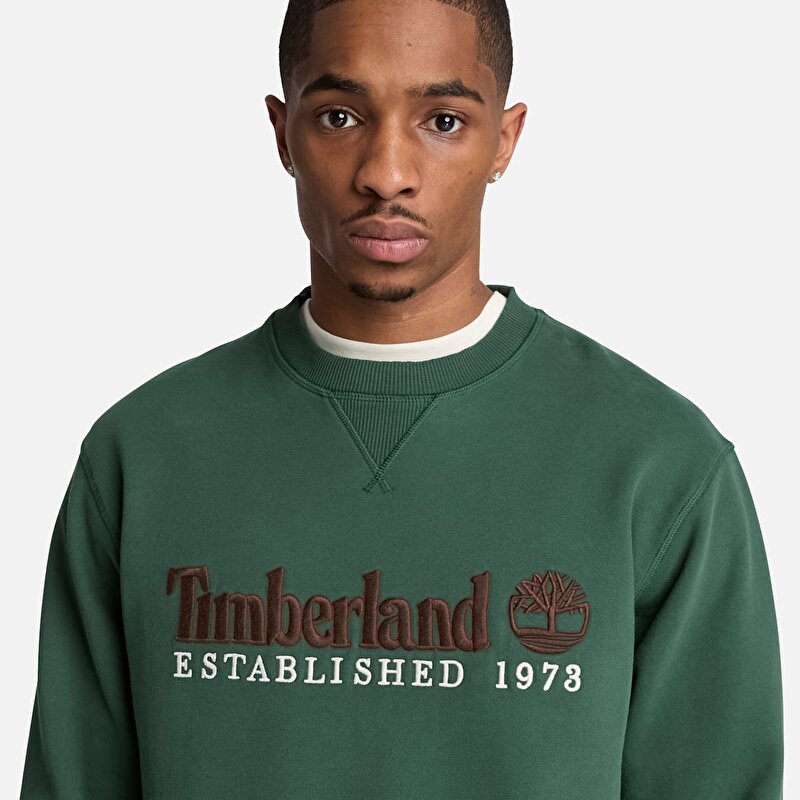 Erkek Koyu Yeşil Established 1973 Logo İşlemeli Bisiklet Yaka Sweatshirt
