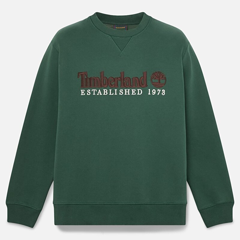 Erkek Koyu Yeşil Established 1973 Logo İşlemeli Bisiklet Yaka Sweatshirt