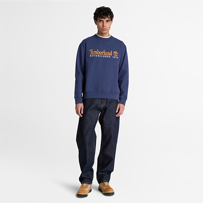 Erkek Koyu Mavi Established 1973 Logo İşlemeli Bisiklet Yaka Sweatshirt