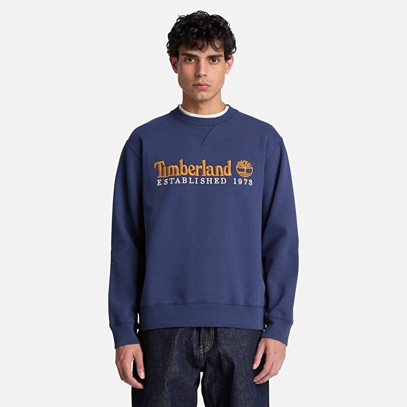 Erkek Koyu Mavi Established 1973 Logo İşlemeli Bisiklet Yaka Sweatshirt
