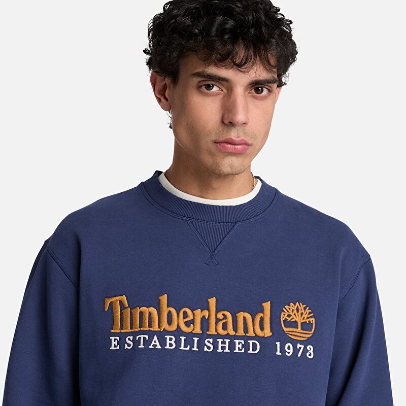 Erkek Koyu Mavi Established 1973 Logo İşlemeli Bisiklet Yaka Sweatshirt